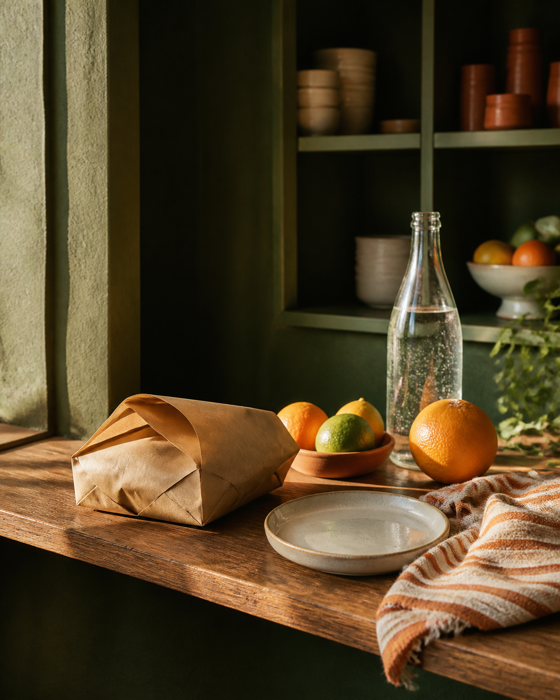 Editorial close-up of a takeaway parcel, citrus, glass bottle and ceramic plate on a wood counter