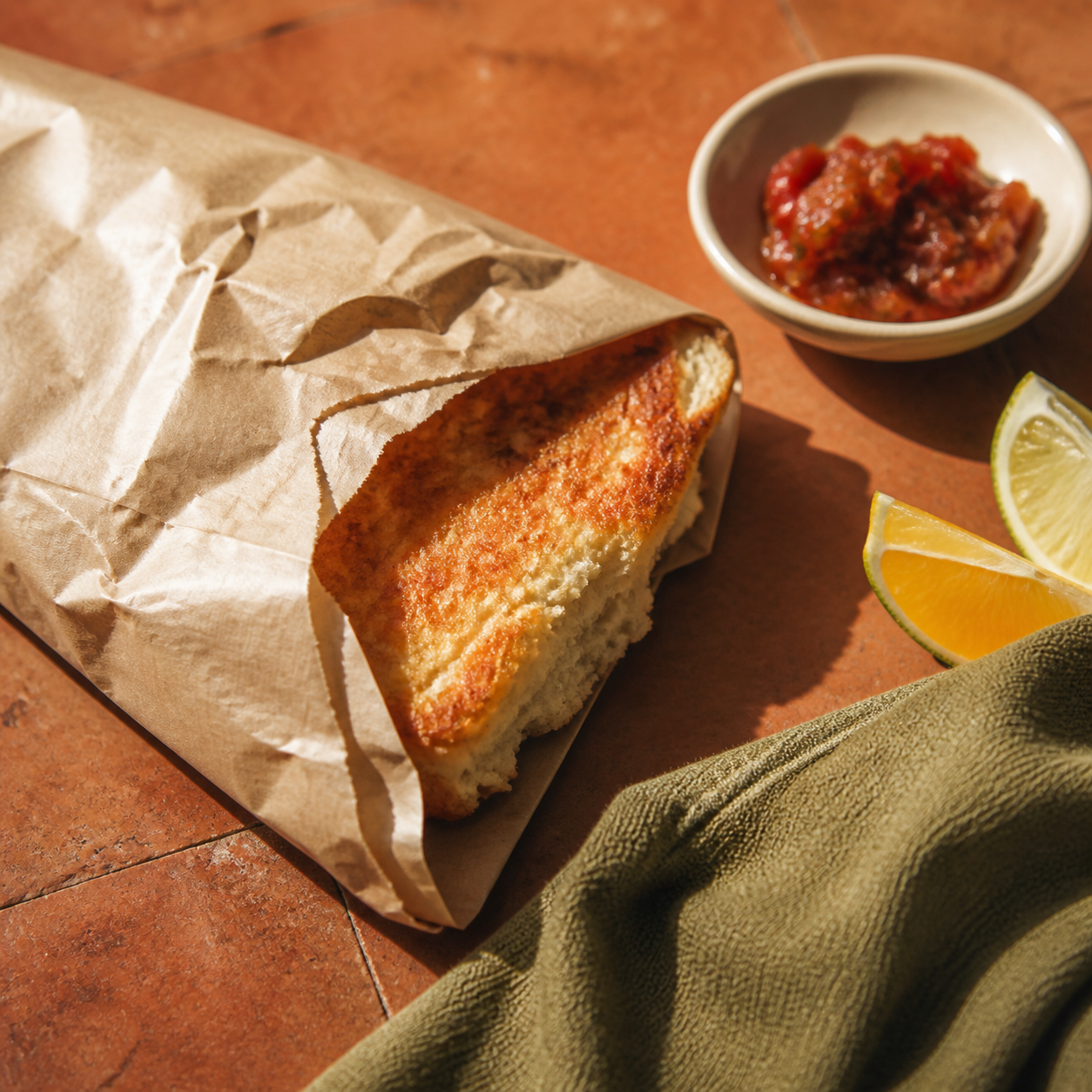 Editorial close-up of a kraft paper parcel, toasted bread, citrus and a ceramic dish