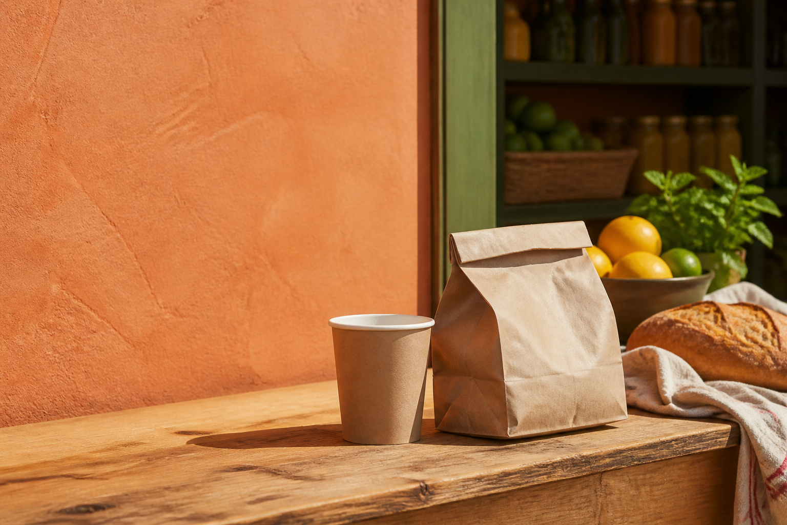 Warm editorial still life of a kraft takeaway parcel, paper cup and bread on a sunlit wood counter